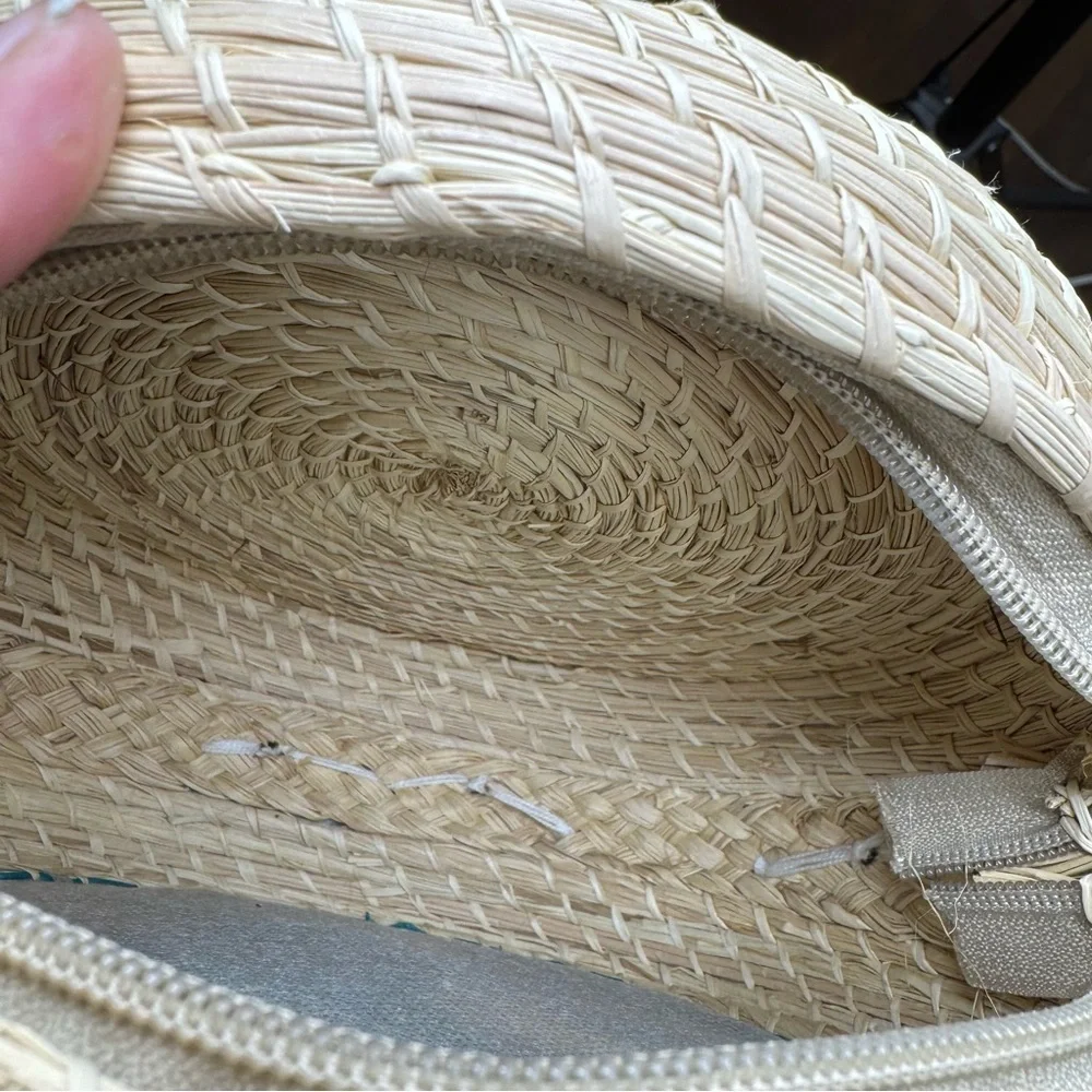 Boho Round Woven Crossbody Bag with Tassels | Teal Embroidery